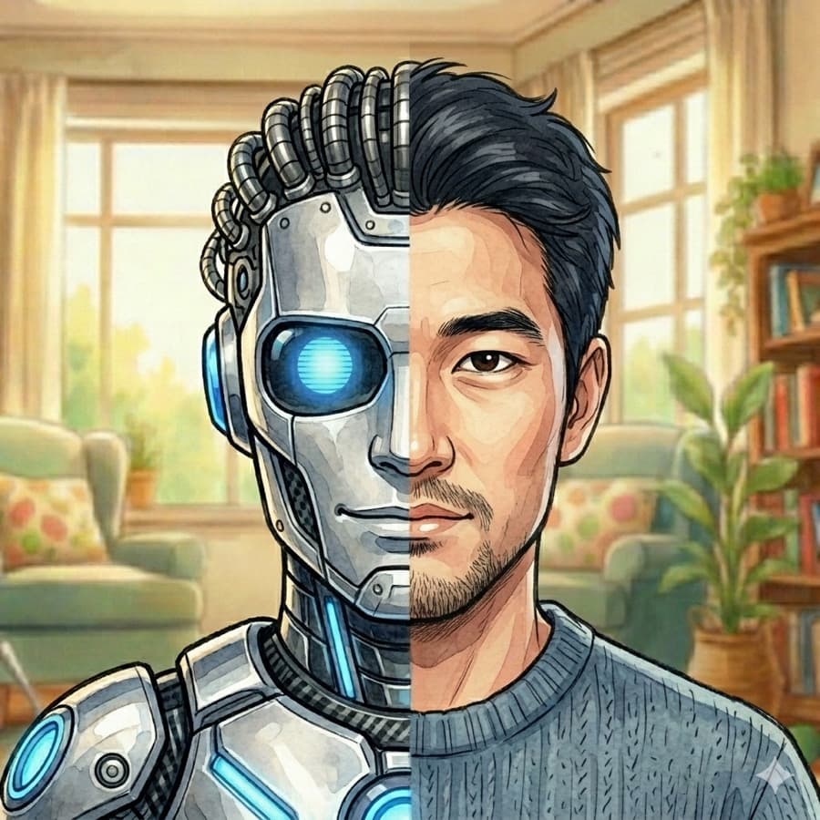 Profile illustration of a working dad in Singapore, half human and half machine.